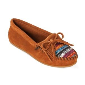 Minnetonka El Paso Moccasin Flat Southwestern Tapestry Soft Genuine Brown Suede